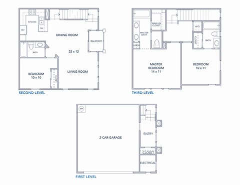A set of three floor plans for a house with a garage.